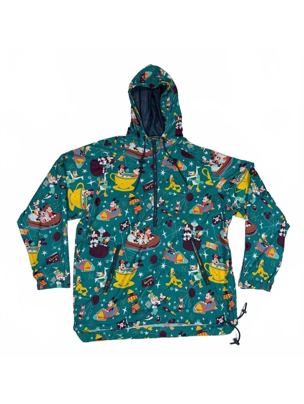 Disney Parks Play in the Park Women's L Teal Packable Rain Jacket Mickey Friends